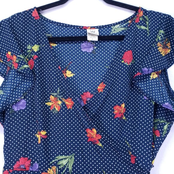 Wrapper Navy Blue Mini Stars Colorful Floral Lightweight Wrap Mid Dress Size L - Picture 7 of 13